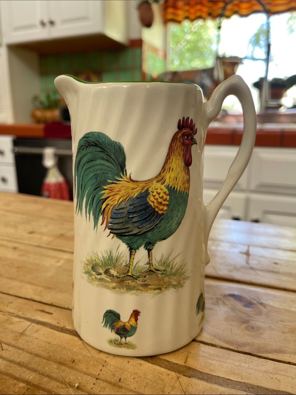 Ceramic Rooster Pitcher - White with Multicolor Farmhouse Design